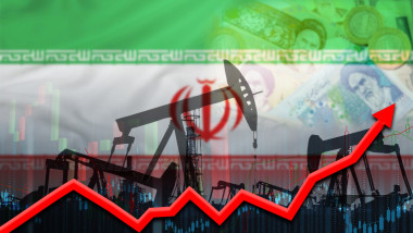 Iranian oil production on economic graph. Oil industry with iran flag on financial graph