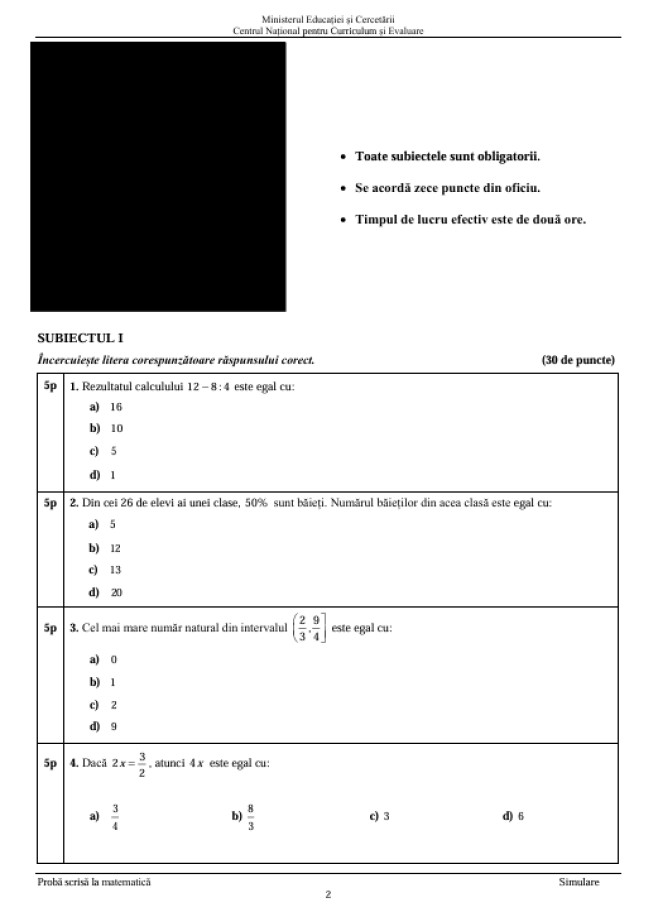 Simulare matematică, subiecte, pagina 1