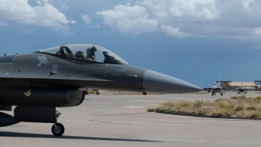 A U.S. Air Force F-16 Fighting Falcon assigned to the 314th Fighter Squadron taxis on a runway after flight training at Holloman Air Force Base, New M