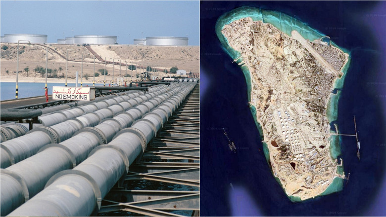 instalații de încărcare a petrolului pe insula Kharg, Iran / imagine din satelit cu insula Kharg