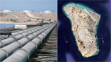 instalații de încărcare a petrolului pe insula Kharg, Iran / imagine din satelit cu insula Kharg