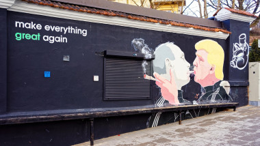 Vilnius, Lithuania - February 25, 2017: Donald Trump kissing Vladimir Putin mural, street art, Vilnius, Lithuania