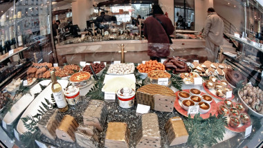 Paris France, Shopping, Luxury Food Products Fauchon Grocery Store on Display in French Deli Window, foie gras