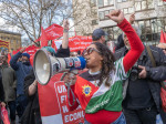 London, UK. 28 March 2026. People shout defiantly at a handful of counter-protesters withj Izraeli flags and Pahlavi Iranian flags. More than a hundred thousand came to march though London against the growing division and hatred being spread by the far ri