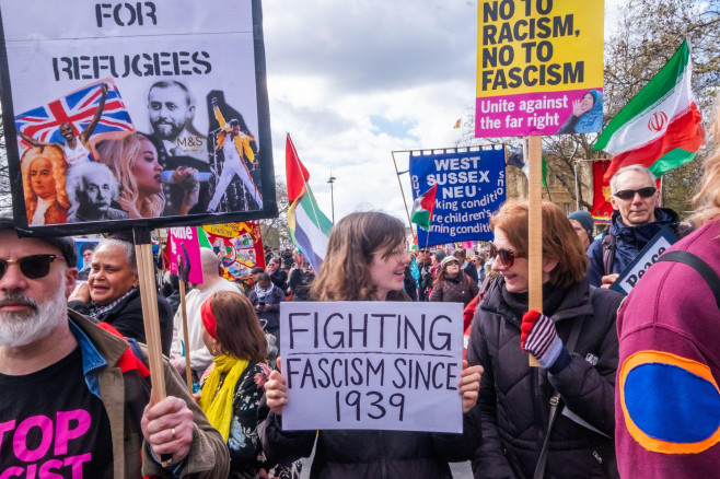 London, UK. 28 March 2026. 'Fighting Fascism Since 1939'. More than a hundred thousand came to march though London against the growing division and hatred being spread by the far right. They included many trade unionists, faith, womens and left groups, su