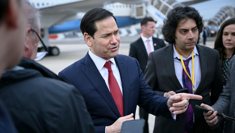 Marco Rubio gestures as he speaks to the press following a G7 Foreign Ministers' meeting