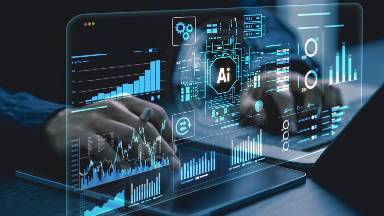 AI, data analysis. Business people use AI to analyze financial related data. big data Complex performance measurement With modern innovative technology