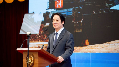 Taiwanese President Lai Ching-te (William Lai) speaks during a press conference in Taipei