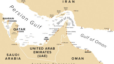 Strait of Hormuz, sand-colored political map. Waterway between the Persian Gulf and the Gulf of Oman. Strategically important choke point.