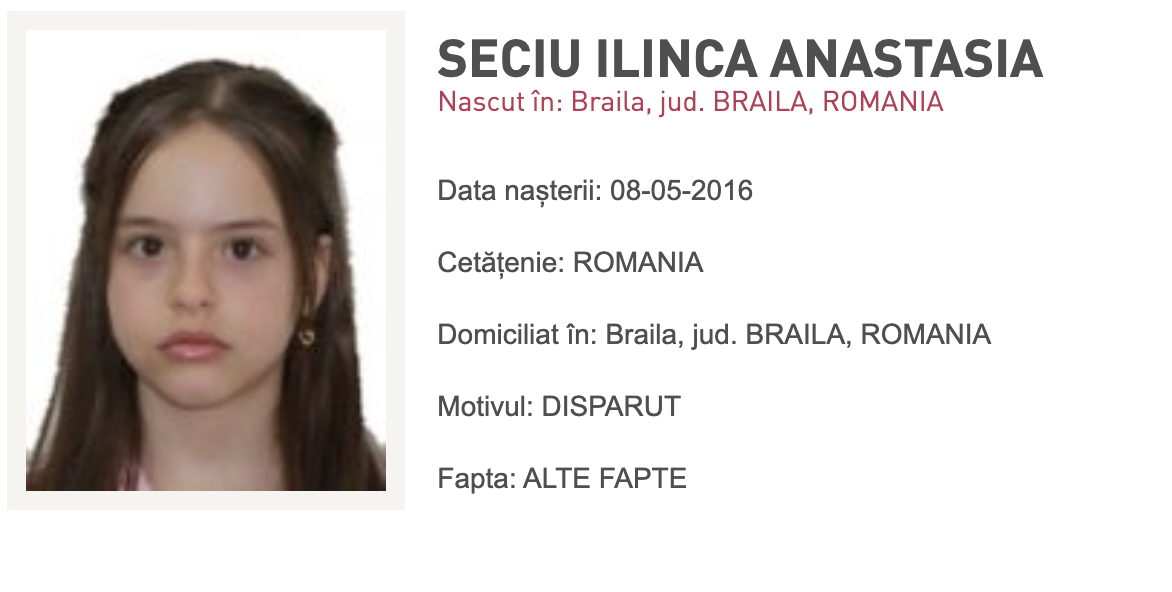 O fetiță în vârstă de 10 ani, dispărută din Brăila, a fost dată în urmărire națională și internațională
