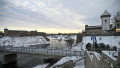 The Narva Castle (R) and the Ivangorod Fortress (L) are pictured and the border bridge across the Narva River in Narva, Estonia