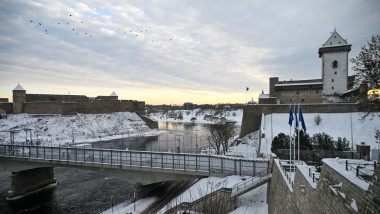 The Narva Castle (R) and the Ivangorod Fortress (L) are pictured and the border bridge across the Narva River in Narva, Estonia