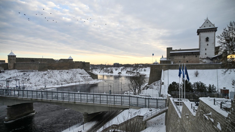 The Narva Castle (R) and the Ivangorod Fortress (L) are pictured and the border bridge across the Narva River in Narva, Estonia