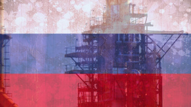 Image of flag of russian over oil rig