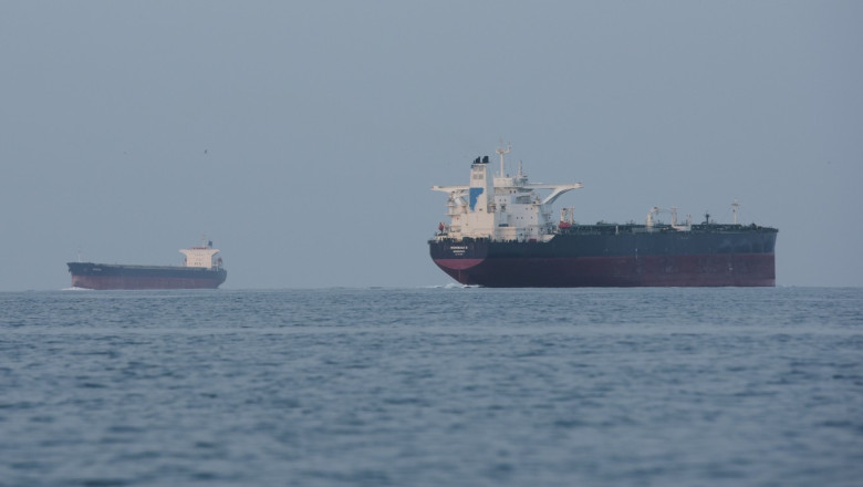 Tankers anchored in the Strait of Hormuz off the coast of Qeshm Island, Iran