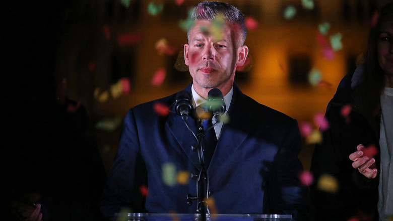 Budapest, Ungarn, 12.04.2026: Parlamentswahl: PĂ©ter Magyar am Abend auf der Wahlparty der Tisztelet Ă©s SzabadsĂˇg PĂˇrt (k