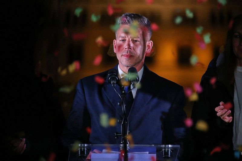 Budapest, Ungarn, 12.04.2026: Parlamentswahl: PĂ©ter Magyar am Abend auf der Wahlparty der Tisztelet Ă©s SzabadsĂˇg PĂˇrt (k