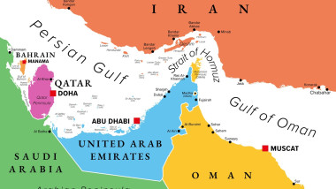 Strait of Hormuz multi colored political map. Waterway between Persian Gulf and Gulf of Oman. Strategically important choke point.