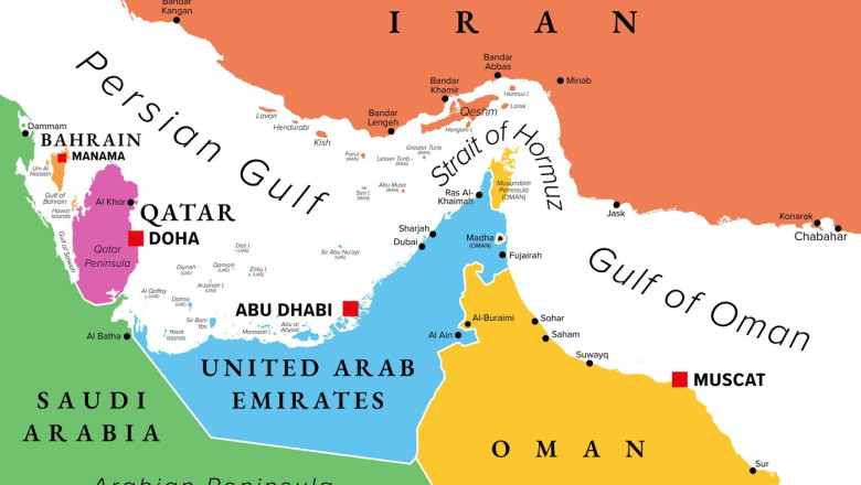 Strait of Hormuz multi colored political map. Waterway between Persian Gulf and Gulf of Oman. Strategically important choke point.