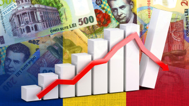 Economy Graph: Downward Arrow, Romania Flag and Cash Leu Banknotes