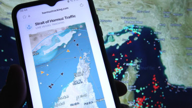 Auf einem Laptop wurde eine Karte der Straße von Hormus mit Echtzeit-Schiffsbewegungen von MarineTraffic aufgerufen. Dav