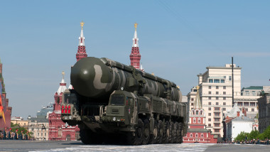 Mobile nuclear missile RT-2UTTKh «Topol-M» (NATO name SS-27 Sickle B) march along the Red Square Moscow Victory Parade of 2010