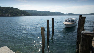 Lake Orta, Lago d'Orta. Isola in Piedmont northern Italy. June 2015 Isola San Guilio in the centre of the lake.