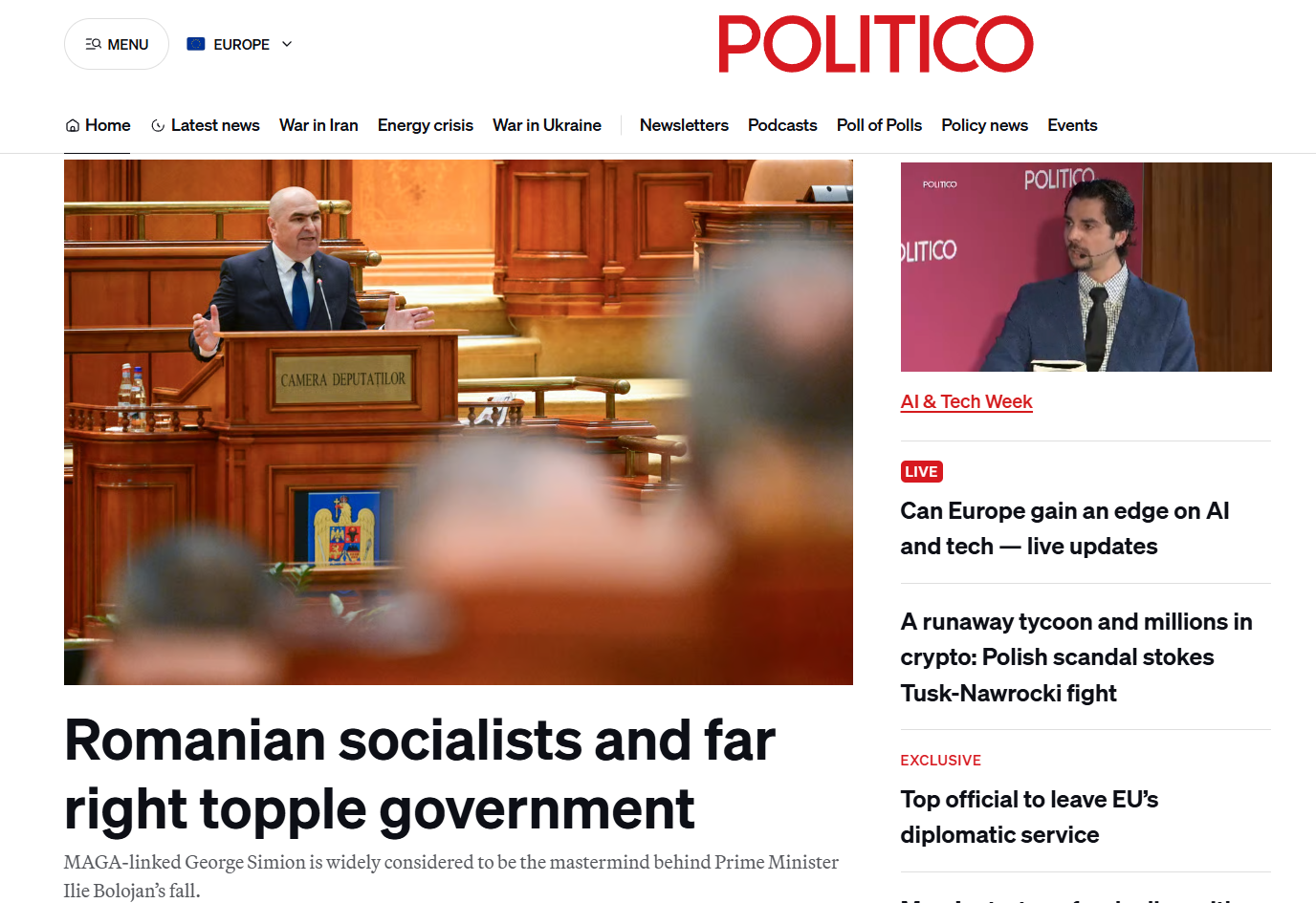 Demiterea lui Ilie Bolojan, deschidere de pagină în presa internațională. Politico: Simion, afiliat MAGA, creierul din spatele căderii