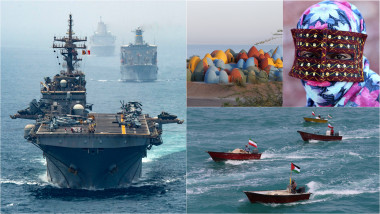 nave militare americane / case colorate și o femeie din insula Ormuz / bărci ale Gardienilor Revoluției din Iran
