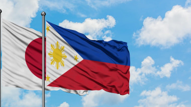 Japan and Philippines flag waving in the wind against white cloudy blue sky together. Diplomacy concept, international relations.