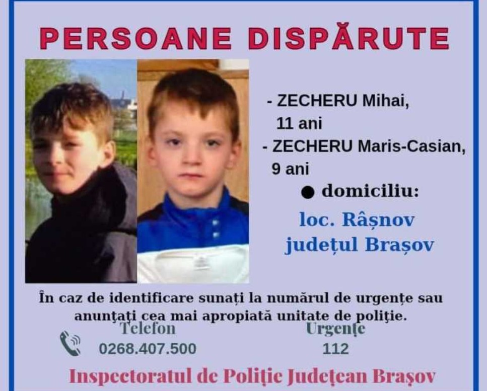Alertă în Râșnov, după ce doi frați de 11 și 9 ani au dispărut de acasă. Poliția cere ajutor entru găsirea lor