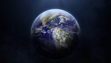 Planet Earth with world ocean, continents and clouds in outer space. View of the Earth, stars and galaxy. This image elements furnished by NASA.