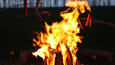 Roasting tasty sausages over bonfire in darkness outdoors, closeup