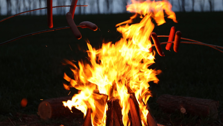 Roasting tasty sausages over bonfire in darkness outdoors, closeup