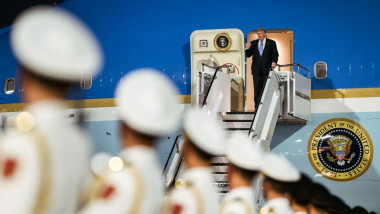 President Donald J. Trump disembarks from Air Force One during an official arrival ceremony at Beijing Capital International Airport in Beijing, China, May 13, 2026. Image courtesy of the White House.