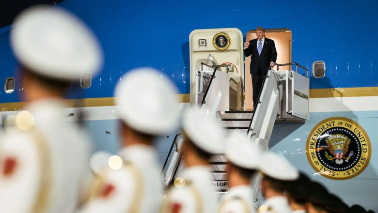 President Donald J. Trump disembarks from Air Force One during an official arrival ceremony at Beijing Capital International Airport in Beijing, China, May 13, 2026. Image courtesy of the White House.