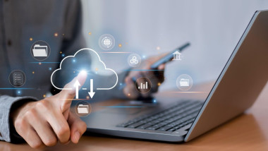 cloud computing shown in hand cloud technology data storage, data transfer, network and internet service concept, internet storage network technology