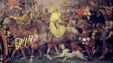 Flemish warriors going off to the Crusades with a monk on horseback , with armour . Trumpeters , flag bearers , soldiers with armour. Historical fresco .