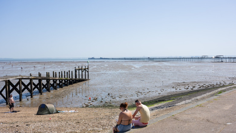 Heatwave, currently 31 degrees in Southend Great Britain 26th May 2026 Approx 12pm People sunbathe on the beach at Southend on sea, Essex
