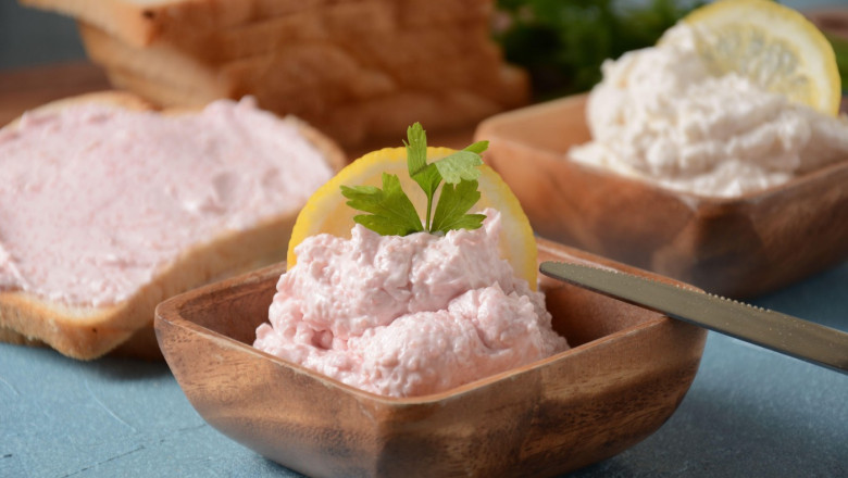 Taramosalata Greek spread Paste (pate) made of ground fish, shrimps, and caviar, served with lemon. Fish Egg Paste Tarama (white and rose), popular Is