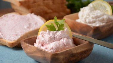 Taramosalata Greek spread Paste (pate) made of ground fish, shrimps, and caviar, served with lemon. Fish Egg Paste Tarama (white and rose), popular Is