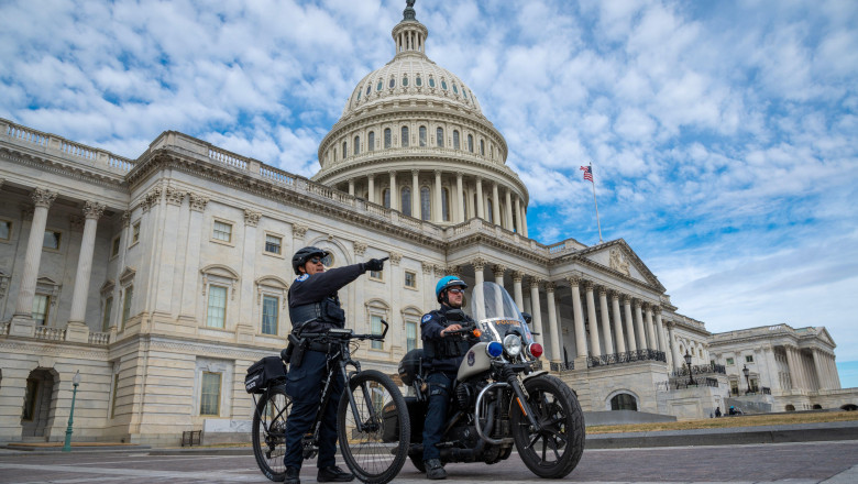 2.21.2026. Washington DC. Capitol with law enforcement security. Federal government building US Capitol with police officers. Capitol Hill