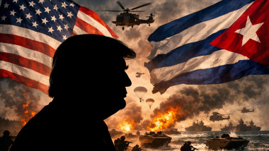 ilustrație cu silueta lui Donald Trump și o scenă de război între SUA și Cuba