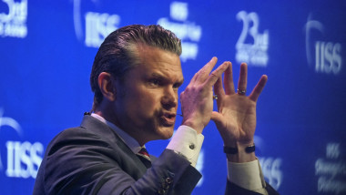 US Secretary of Defence Pete Hegseth gestures at a conference