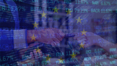 Image of stock market and flag of eu over diverse people paying with credit card