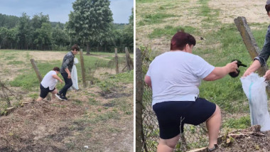 doua femei abandoneaza pisoi pe un camp