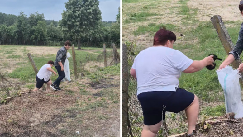 doua femei abandoneaza pisoi pe un camp