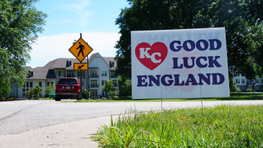A sign outside The Inn at Meadowbrook Hotel in Prairie Village, Kansas where the England team will be staying during the FIFA World Cup 2026