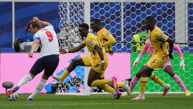 Harry Kane of England takes a shot during the Group L match between England and Ghana at the FIFA World Cup in Boston