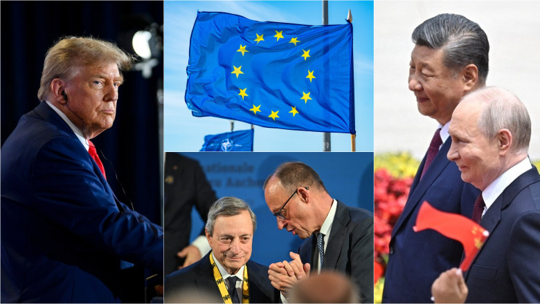colaj cu Donald Trump, Mario Draghi, Friedrich Merz, Vladimir Putin, Xi Jinping și steagul UE